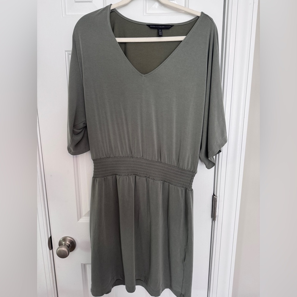 White House Black Market Olive Green V-Neck Smocked Waist Dress
